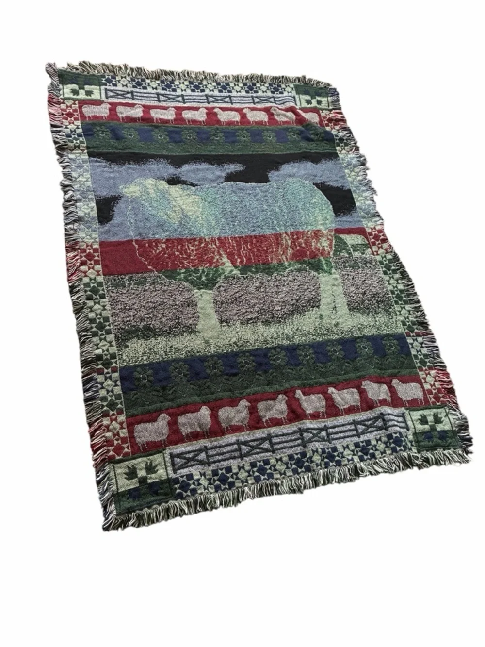 Vintage Woven Sheep Farm Tapestry Throw Blanket Fringe Rustic Cottagecore 45x67